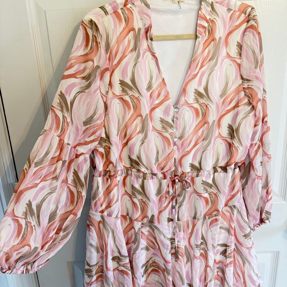 Entro Large Peach Pink Floral Tiered Mini Dress Boho Bell Sleeve - Picture 5 of 8